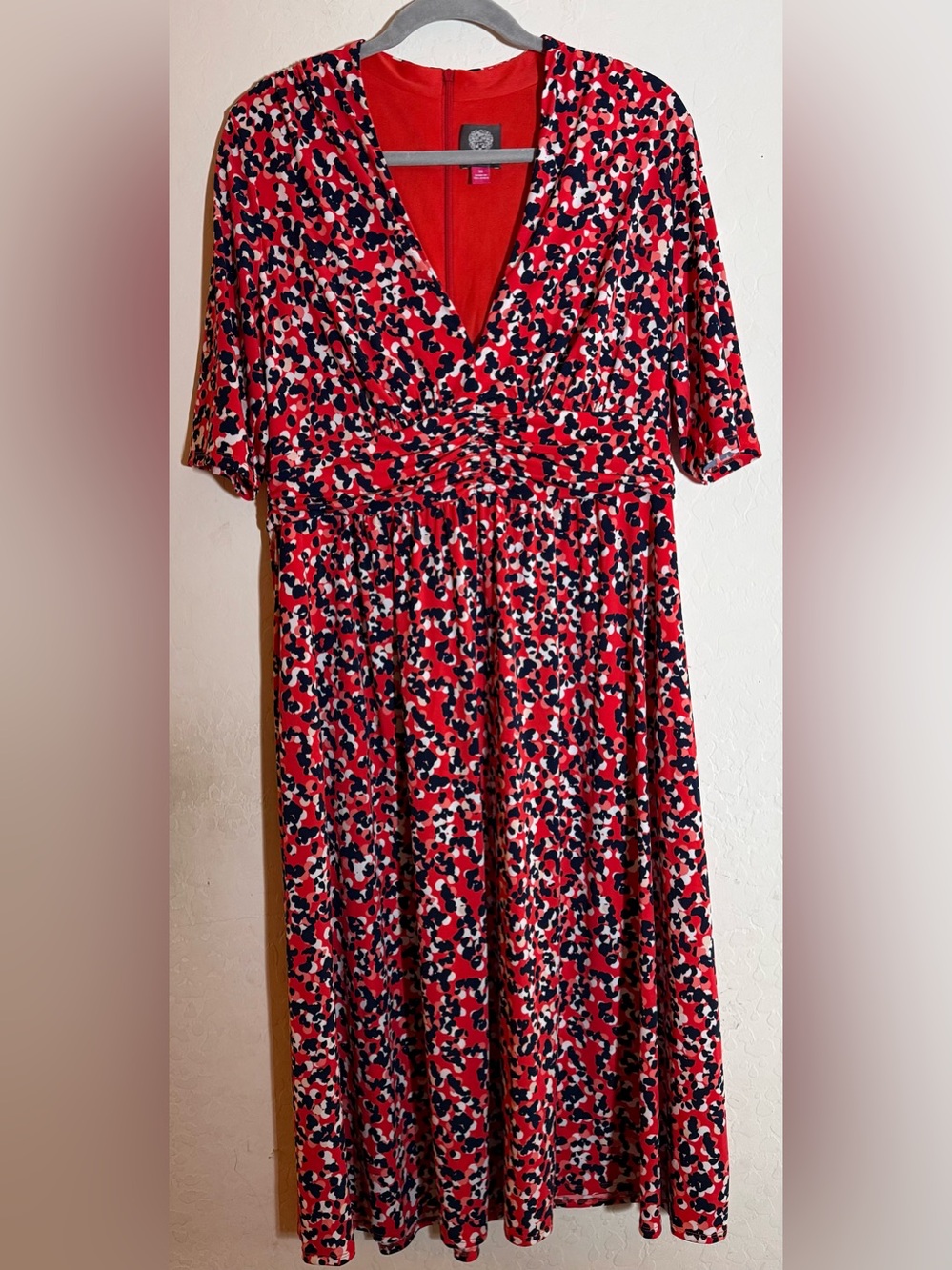 Vince Camuto, size 16, midi dress features a vibrant multicolor polka dot print